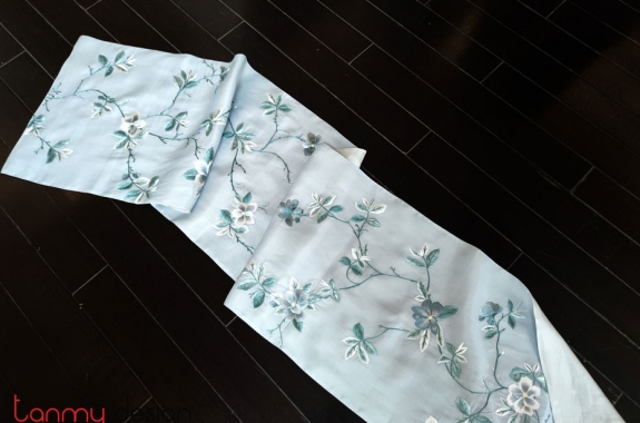 Blue silk scarf hand-embroidered with camellia